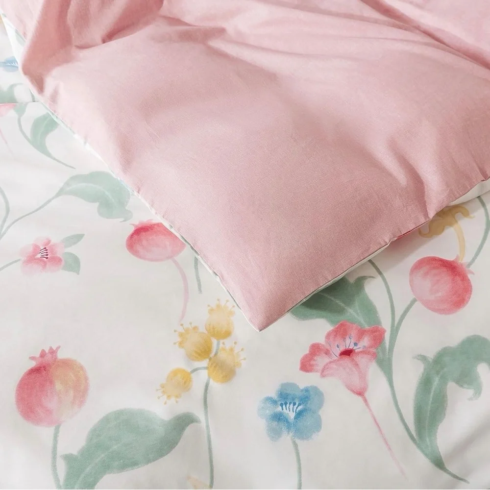 Floral Watercolor Cotton Duvet Cover Set in Pink and Green - Unbranded